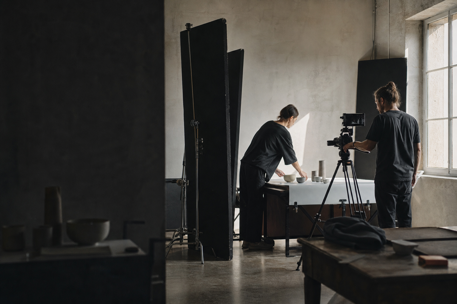 Photographe réglant une scène produit en studio